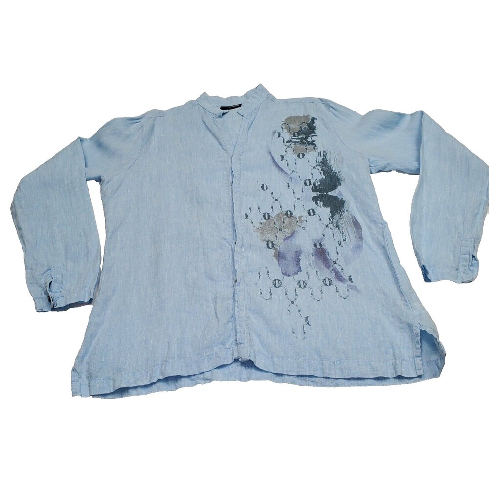 Men's MURANO Sky Blue Abstract Print Linen Long Sleeve Shirt Mandarin Collar Med